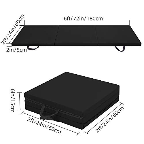 Bonnlo Folding Exercise Aerobics Mat, 6ft x 2ft x 2in PU Leather Mats with Carrying Handles with Hook & Loop Fastener for MMA, Stretching, Cheerleading Martial Arts,Gymnastic - color: Black