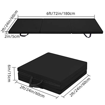 Bonnlo Folding Exercise Aerobics Mat, 6ft x 2ft x 2in PU Leather Mats with Carrying Handles with Hook & Loop Fastener for MMA, Stretching, Cheerleading Martial Arts,Gymnastic - color: Black