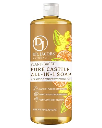 Dr. Jacobs Naturals Orange & Ginger Castile All-In-One Cleaner and Soap - Plant-Based Formula for House Cleaning Floors and Appliances - Gentle on Skin and the Planet - 32 oz, 1 Pack - size: 32 Fl Oz (Pack of 1), style: Orange Ginger