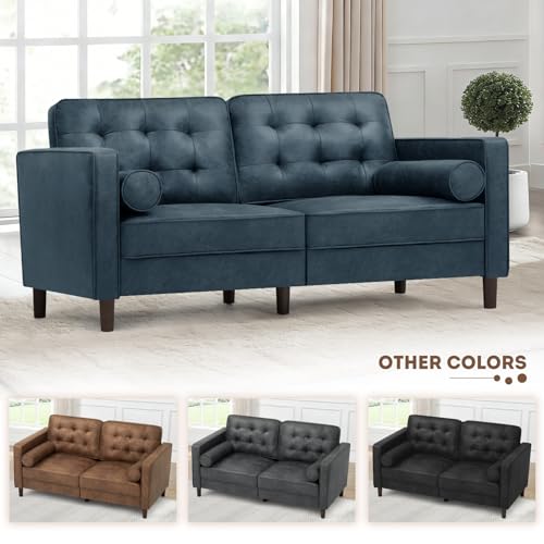67" Suede Leather 2 Seater Sofa with Two Bolster Pillows, Blue - color: Blue, size: 67" Loveseat
