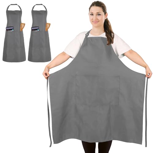 2 Pack Plus Size Waterproof Cooking Chef Apron with 2 Pockets for Men Women | Extra Large Design, Adjustable Neck Straps, Long Waist Ties, Professional Bib Aprons for Kitchen, Grilling, Gardening, Baking - color: Gray
