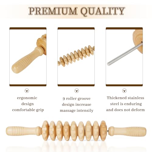 Liitrton Manual Wooden Massage Roller Stick for Muscle Relief, 9‑Wheel | Smooth Body Roller, Wood Therapy Massage Tools for Trigger Point Relief, Legs Sore Muscle Recovery - size: 15.35 Inch (Pack of 1)