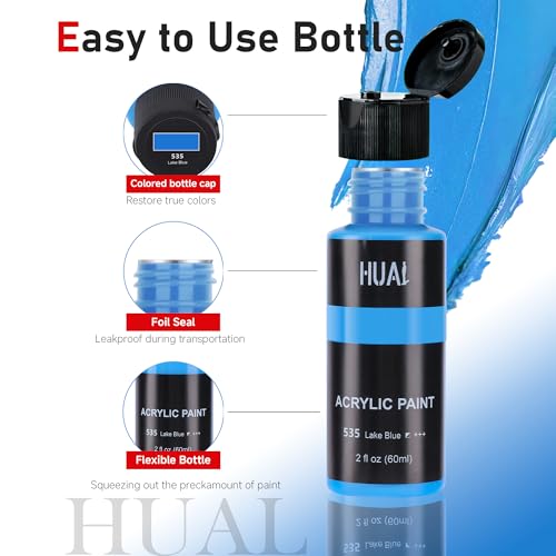 HUAL Acrylic Paint Set With 5 Brushes, 24 Colors (60ml, 2oz) for Artists Kids Beginners & Painters,Model/Canvas/Rock/Fabric/Glass/Stone/Ceramic/Wood Painting, Non Toxic - color: Black Bottle