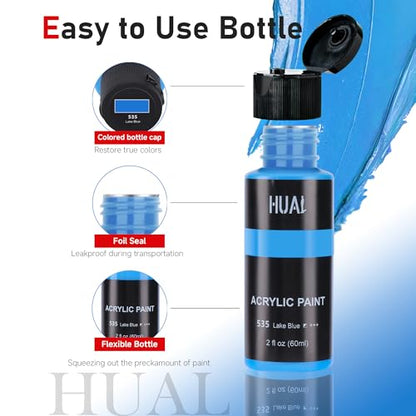 HUAL Acrylic Paint Set With 5 Brushes, 24 Colors (60ml, 2oz) for Artists Kids Beginners & Painters,Model/Canvas/Rock/Fabric/Glass/Stone/Ceramic/Wood Painting, Non Toxic - color: Black Bottle