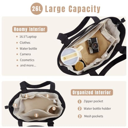 Travel Tote Bag for Women, Large Nylon Bag with Yoga Mat Strap and Luggage Sleeve,Shoulder Bag for Daily Use - color: Black