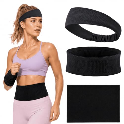 3PCS Running Gear Set for Women, Sports Cooling Headband, Running Slim Belt and Wrist Sweat Towel, Non-Slip Sweatbands Soft Breathable Cooling Workout Sweat Band for Yoga,Gym,Hiking, Fitness