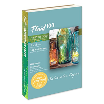 Fluid 100 Watercolor Paper Block, 4 x 6 inches, 15 Sheets, 140 lb (300 GSM) 100% Cotton Hot Press Pad for Artist Painting and Wet Media - size: 4 x 6