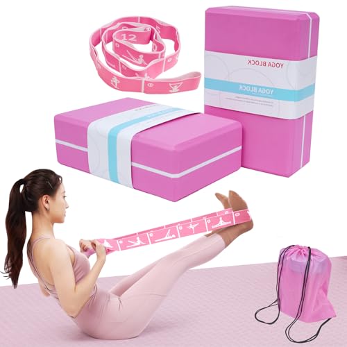 Yoga Blocks 2 Pack with Elastic Stretch Band & Bag – High Density Foam Yoga Blocks for Stability, Deep Stretching & Balance, 12-Loop Resistance Strap for Yoga, Pilates, Dance & Flexibility Training - color: Pink+Pink