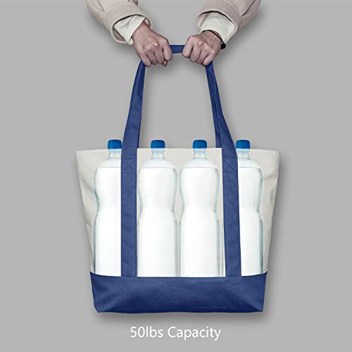 TOPDesign 1-Pack Canvas Tote Bag with an External Pocket, Reusable Grocery Shopping Bag, Top Zipper Closure, Daily Essentials (Blue/Natural) - color: Blue/Natural