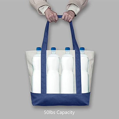 TOPDesign 1-Pack Canvas Tote Bag with an External Pocket, Reusable Grocery Shopping Bag, Top Zipper Closure, Daily Essentials (Blue/Natural) - color: Blue/Natural
