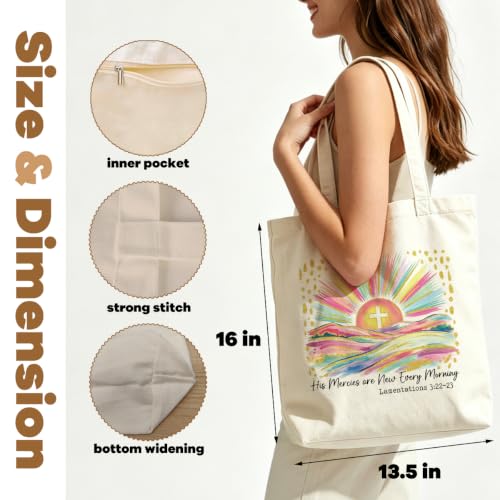 VICBOU Christian Canvas Tote Bag for Women Girls Birthday,Shoulder Bag with Pocket for Grocery Shopping Beach - color: Sunrise