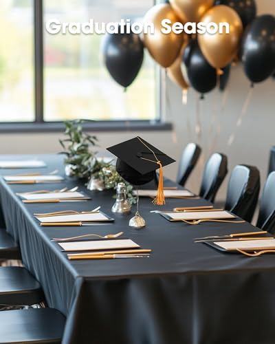 Pureegg Plastic Table Cloth Disposable 8 Pack, 54 x 108 Inch Table Cloths, Graduation Decorations Class of 2025, Graduation Party Tablecloths, Rectangle, Plastic Cover, Leakproof & Sturdy, Black | Graduation Party, Class of 2026, Leakproof & Sturdy, Black