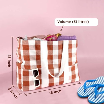 Folkulture Beach Tote Bags For Women, Beach Must Haves 2026-18x15 Inch | Waterproof,Sandproof, Large Tote Bags for Women, Swimming Pool, Beach Essentials, Simple Modern Pool Bag, Bolsos Para Mujeres - color: Rust - Checkered