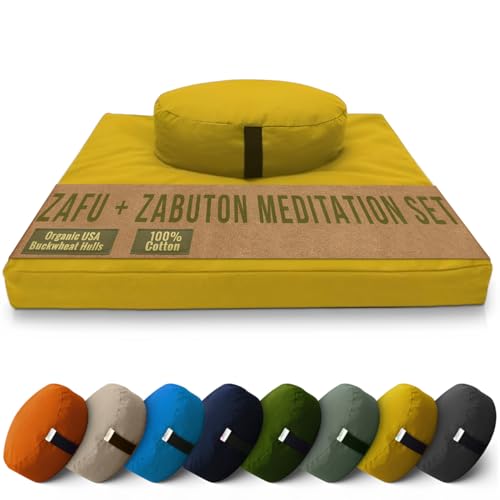 Bean Products Meditation Cushion Mat Set - Zafu Floor Pillow Organic Buckwheat Pillow + Cotton Filled Zabuton Prayer Pad - Meditation Pillow Yoga Knee Pad - Made in USA - 14" Round or 18" Oval - color: Lhassa Gold - 10oz Cotton Canvas, size: Oval Combo