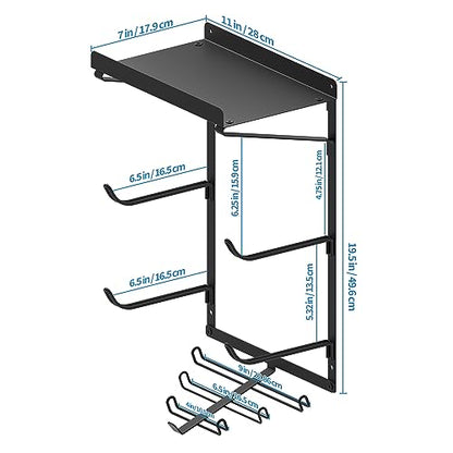 Yoga Mat Holder Wall Mount Storage Shelf Black & Hooks for Resistance Bands | All Metal Sturdy Wall Storage Organizer for Home Gym; 3 Tier for Yoga Mats, 7 Hooks for Bands & Workout Gear; Space Saving