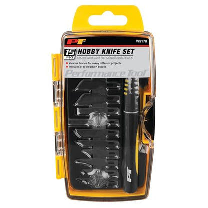 Performance Tool W9170 15-Piece Precision Hobby Knife Set | Includes 14 blades for various projects. Comfortable contoured handle. Convenient storage case - size: Hobby Knife Set (15pc)