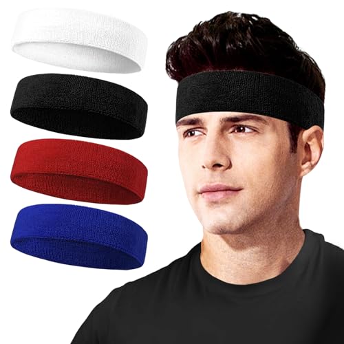 Sweatbands Sport Headbands for Men & Women, Sweat Head Bands Moisture Wicking Sport Headband Cotton Sweatbands for Basketball, Athletic Exercise, Running - color: White/Black/Red/Blue