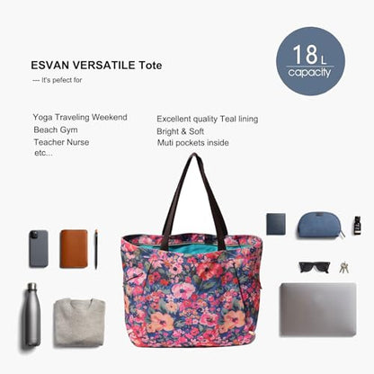 ESVAN Yoga Tote Bag for Women Drawstring Canvas Shoulder Bags for Workout Travel Carryall Pilates Gym and Beach - color: Blue Flower