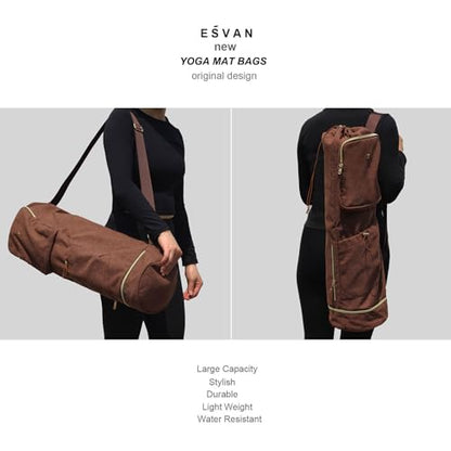 ESVAN Yoga Mat Bag with Multi Pockets Drawstring Yoga Mat Carrier Pilates Exercise Multi-Functional Storage Bag - color: Linen Brown