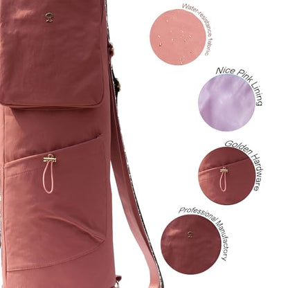 ESVAN Yoga Mat Bag with Multi Pockets Drawstring Yoga Mat Carrier Pilates Exercise Multi-Functional Storage Bag - color: Nylon Pink
