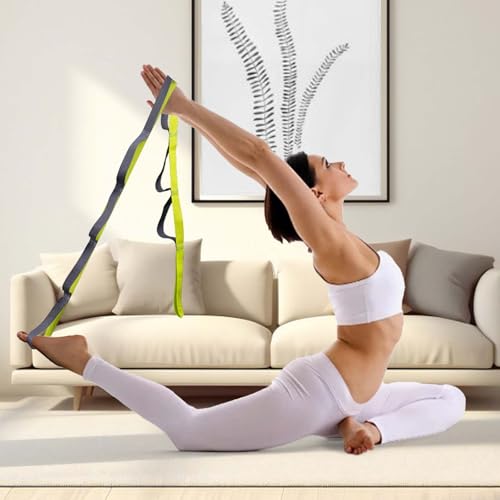 10 Loop Yoga Stretching Strap for Physical Therapy - Non-Elastic Exercise Band for Pilates, Yoga, Stretching for Women & Men - color: Green/Grey