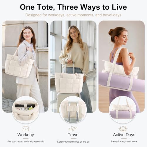 U+U Puffer Tote Bag for Women, Quilted Work Tote with Compartments | Work-to-Travel Design with Yoga Mat Strap - color: Cream