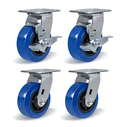 5'' X 2'' Casters, Heavy Duty Caster Wheels, Industrial Swivel Casters Set of 4 with Load 3200lbs, Polyurethane on Polyolefin Core with Roller Bearing (2 Brake & 2 Swivel) - style: 2 Brake & 2 Swivel