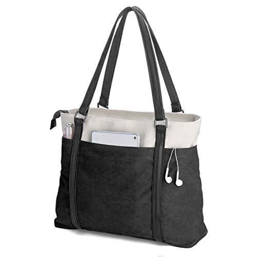 Laptop Tote Bag for Women, 15.6 Inch Work Bag with Laptop Compartment and Zipper, Canvas Computer Tote for Teacher - color: 블랙.