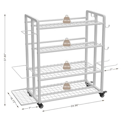 4-Tier Weight Rack for Home Gym with Wheels and Hooks | Adjustable Gym Storage Rack for Dumbbells Kettlebells Yoga Mat, All-in-One, Space Saving, Heavy Duty Steel, Easy to Assemble - size: Large White