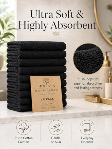 BIOLINEN Salon Towels 24 Pack Black 15x25, 100% Cotton Hand Towels for Bathroom, Bleach Resistant Barber Esthetician Spa Gym Towels, Super Absorbent - color: Black