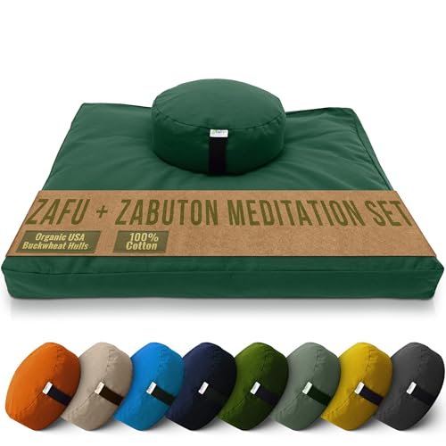 Bean Products Meditation Cushion Mat Set - Zafu Floor Pillow Organic Buckwheat Pillow + Cotton Filled Zabuton Prayer Pad - Meditation Pillow Yoga Knee Pad - Made in USA - 14" Round or 18" Oval - color: Forest Green - 10oz Cotton Canvas, size: Round Combo