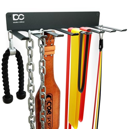 Double Circle Gym Equipment Storage Rack - Multi Purpose Gym Equipment Wall Rack Hanger for Pro Home Gym Storage for Exercise Bands, Barbell Bar, Jump Ropes, Chains, Lifting Belts (17" - Hooks) - color: Black: 8 Extended Hooks