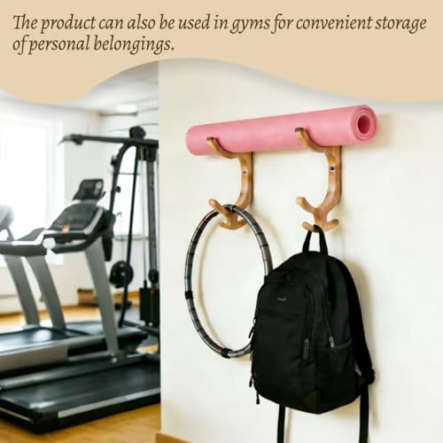 Wooden Yoga Mat Holder Wall Mount, Wooden Yoga Mat Storage Rack, Solid Wooden Yoga Mat Holder, Yoga Mat Holders with hooks Space Saving Yoga Mat Holders for Mats,Resistance Bands,Jump Ropes,Home Fitness Storage
