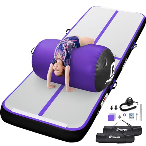 FBSPORT Inflatable Air Gymnastics Mat 4 inches Thickness and Air Roller 40x23.6 inches with Electric Air Pump 10ft/13ft Training Mats for Home Use Cheerleading Outdoor Training Park Yoga Beach - color: Purple, size: Mat: 13ft x 3.3ft x 4in | Roller: 39.37