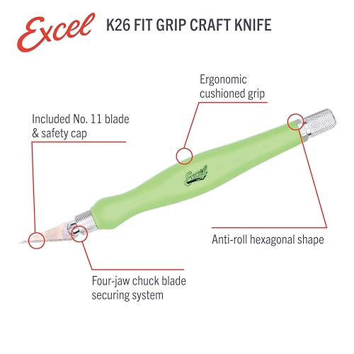 Excel Blades Fit Grip Craft Knife With #11 Ultra-Sharp Carbon Steel Angled Blade – Precision Hobby Knife With Contoured Rubberized Grip For DIY, Art Crafts, And Model Projects – Green, Made in the USA - color: Green