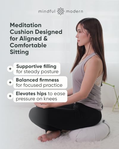 Mindful & Modern Large Meditation Cushion | Zafu Yoga Bolster Meditation Floor Pillow Seat | Buckwheat Hull Filled Crescent Shaped Cushion with Removable Washable Cover + Carry Handle | White - color: Crescent - White