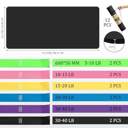 Hoolerry 36 Pieces Yoga Mats Sets Includes 12 Pcs Yoga Mats Bulk 68” x 24” x 6mm Thick Exercise Mat Non Slip 12 Resistance Bands 12 Carrying Straps for Women Girls for Gym Pilates - color: Black