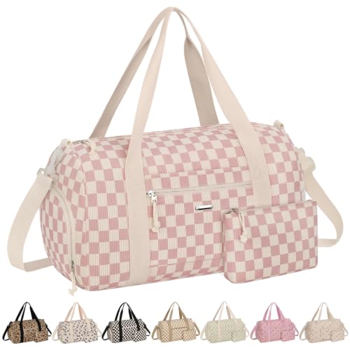 Vankor Gym Bag for Women, 17.5 inch Sports Duffle Bag with Shoe Compartment - color: Corduroy Checkered Pink