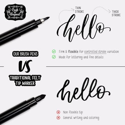 Craft 'n' Beyond Calligraphy Brush Pens Pack of 3 Small, Medium and Large Markers for Hand Lettering, Art Drawing, Sketching, Scrapbooking, Writing, Journaling - Beginner Kit with Fadeproof Black Ink - color: Black- Pack of 3
