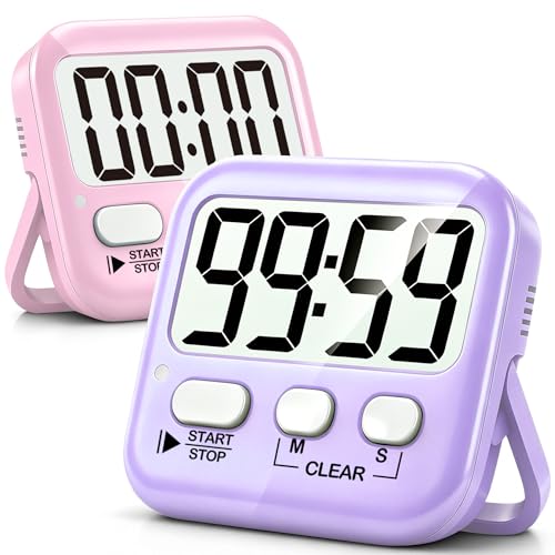 Antonki 2 Pack Digital Timer for Kids Classroom Kitchen Timers for Cooking | w/ Battery, Easy to View, Alarm, Mute Mode, Count Down/Up, Magnetic, Kickstand, Hanging, Classroom Timer for Teacher Supplies - color: 2 * Pink + Purple