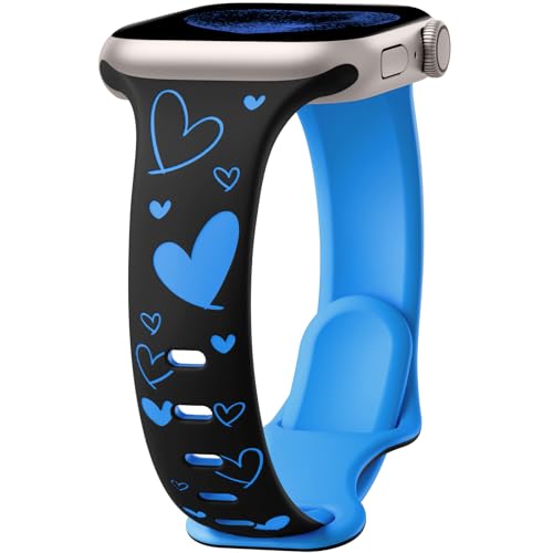 Lerobo Slim Thin Two-Tone Compatible with Apple Watch Band 40mm 38mm 41mm 42mm 44mm 45mm 46mm 49mm for Women- Soft Cute Flower/Heart Engraved Sport Band for iWatch Series 11 10 9 8 7 6 5 4 3 SE Ultra - color: B Black/Blue, size: 44mm/45mm/46mm/49mm/(42mm-