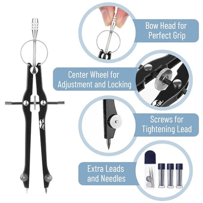Mr. Pen- Professional Compass for Geometry, Extra Lead | Metal Compass Drawing Tool for Students, Drafting and Engineering, Technical Drawings, Circles and Geometry Projects - color: Black
