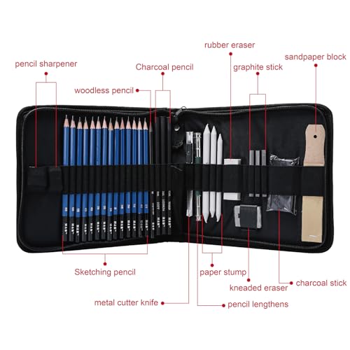 H & B 36 Pack Drawing Set Sketch Kit,Sketching Supplies with 2 sketch pad, Graphite Pencils, Charcoal Sticks, Eraser, Pro Art Drawing Kit for Artists Beginner Adults, Ideal for Shading, Blending - size: 36 Piece Set