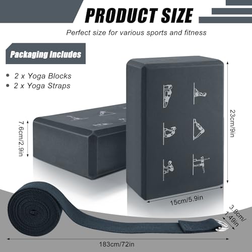 RETON Yoga Blocks Set with Straps, High Density Yoga Bricks, Lightweight EVA Foam Pilates Block, 2 Yoga Blocks with 2 Straps for Yoga, Pilates, Fitness, Stretching and Toning - color: Gray