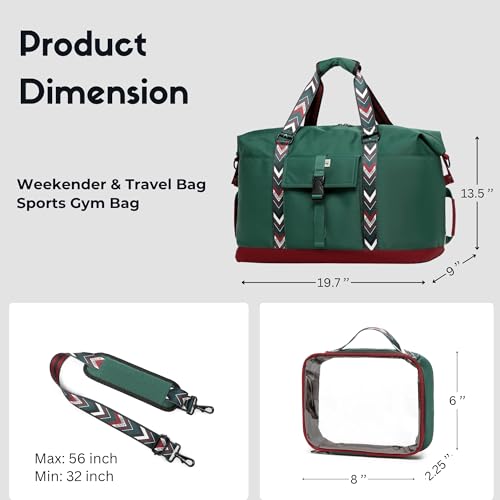 SUNNY BIRD Duffel with Utility Pouch, 40L Weekender Overnight Bag with Shoe Compartment for Travel and Sports (Greenboho) - color: Greenboho