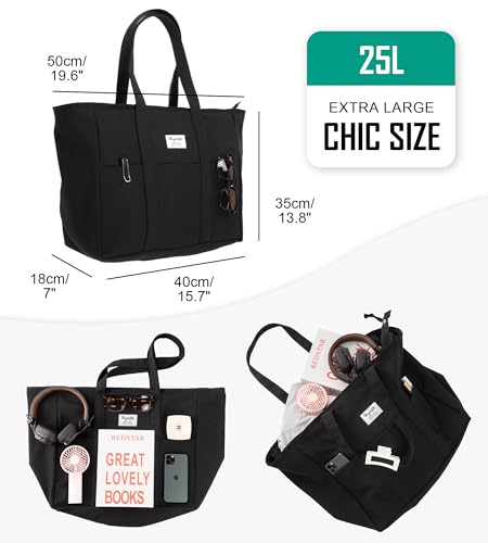 Bagelite Extra Large Canvas Tote for Women Men, Utility Work Bag with Zipper - color: Black