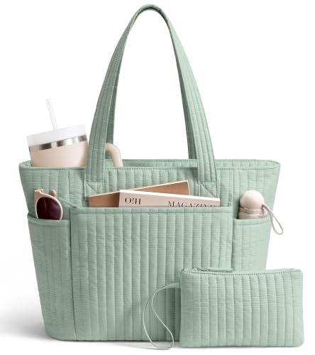 Bagstellar Quilted Tote Bag for Women Teacher Nurse Cotton Laptop Work Tote | Top Zip Closure Puffer Nursing School Travel Tote Bags with 40oz Cup Holder, Lightweight 14” Computer Shoulder Handbag Purses - color: Sage Green