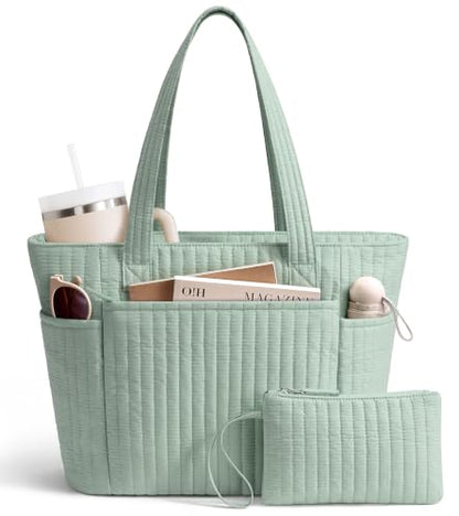 Bagstellar Quilted Tote Bag for Women Teacher Nurse Cotton Laptop Work Tote | Top Zip Closure Puffer Nursing School Travel Tote Bags with 40oz Cup Holder, Lightweight 14” Computer Shoulder Handbag Purses - color: Sage Green