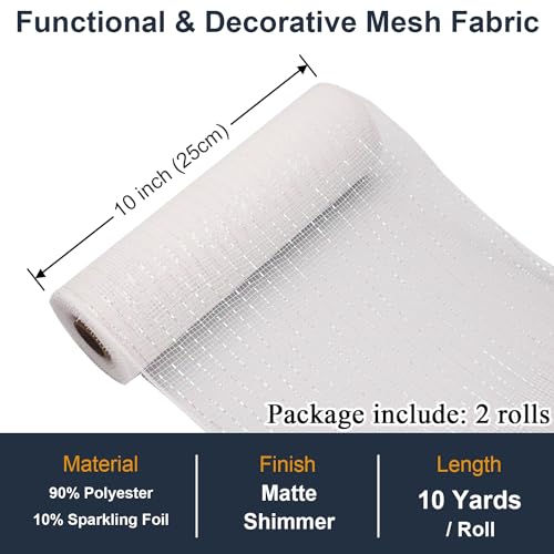 White Mesh Ribbon Rolls 10 Inch 10 Yds, Deco Mesh Fabric for Wreaths | (2 Rolls) 30Ft Each, Decorative Foil Mesh for Christmas Tree Ribbon, Door Decor, DIY Crafts, Halloween, Wedding Party Supplie - color: White