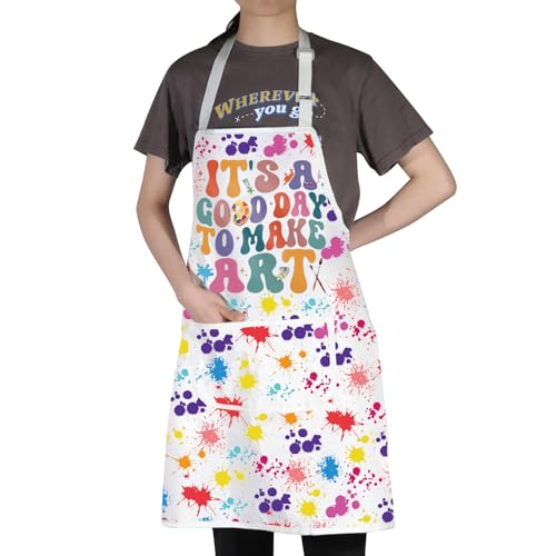 WZMPA Artist Painters Apron With Pockets - It's A Good Day to Make Art - Adjustable Apron for Teacher, Lover, Student Gift - color: Make Art F White
